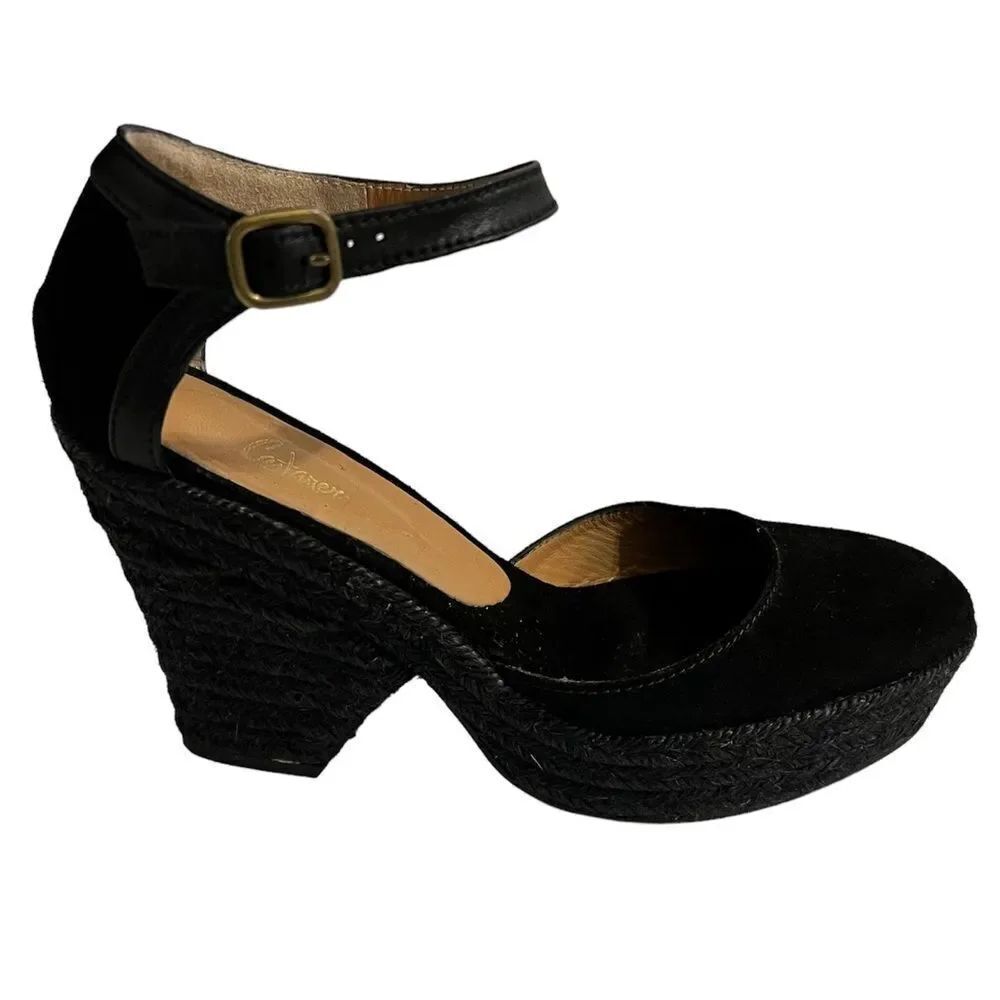 Tuckernuck Castaner Black Suede Espadrilles Jute Wrap Platform Heel Shoe Size 39